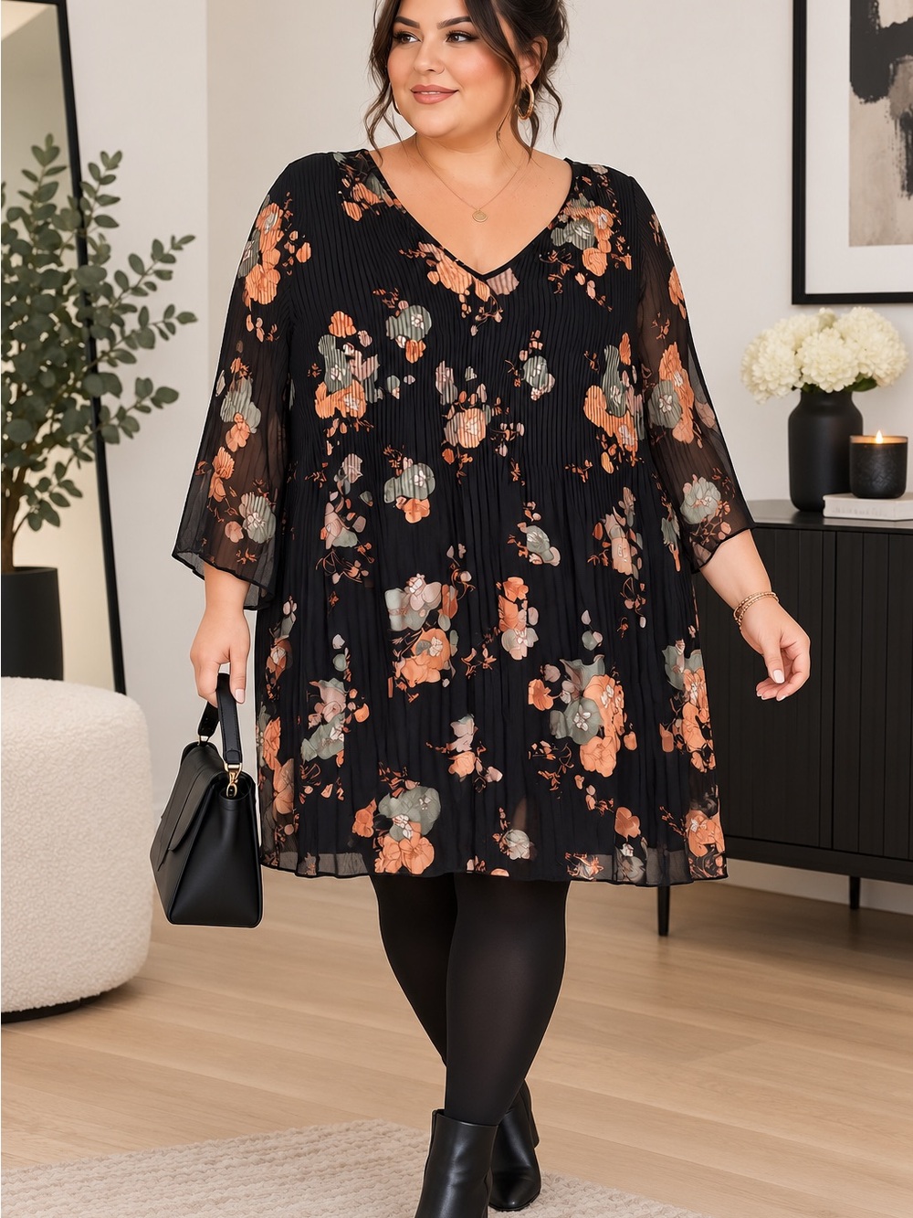 Dex Black Floral V-Neck Pleated Tunic with Orange and Sage Accents